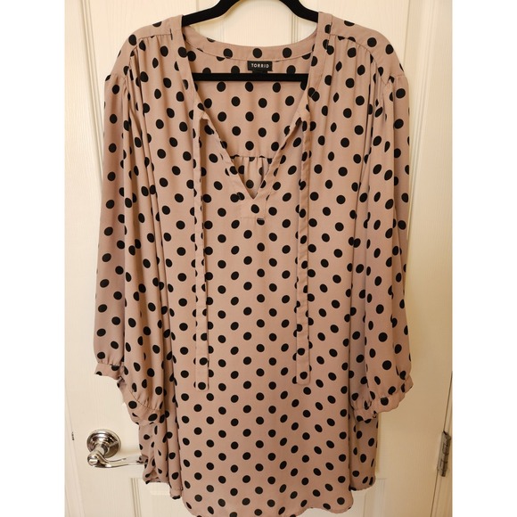 torrid Tops - Torrid Georgette Pink Black Polka Dots 3/4 Peasant Sleeves Blouse, Plus 6X